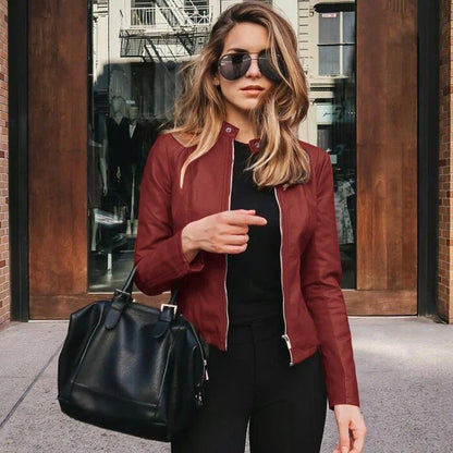 Veste Simili Cuir Femme – Col Montant, Fermeture Zip, Style Biker Streetwear