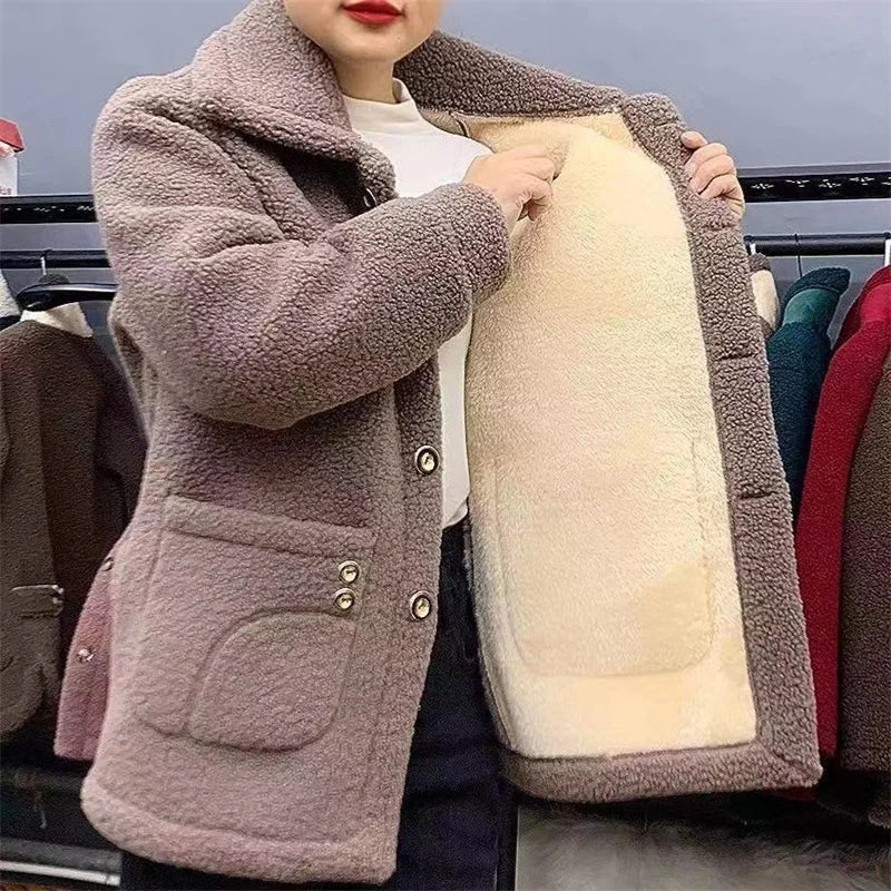 Manteau Femme Hiver Fausse Fourrure Agneau – Bouton Simple Col Rabattu Poches Chaud