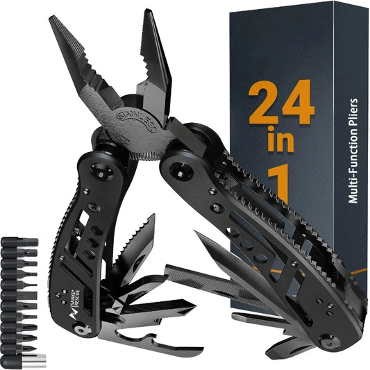 Pince Multifonction 24-en-1 Acier Inox – Couteau, Tournevis, Coupe-Fil | Camping, Survie, EDC