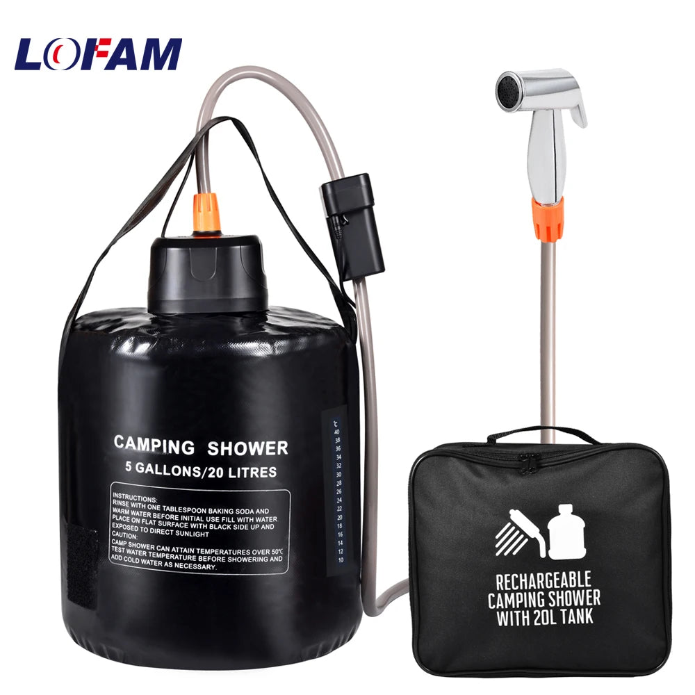 Douche de camping rechargeable USB-C – Kit avec poche d’eau 20 L