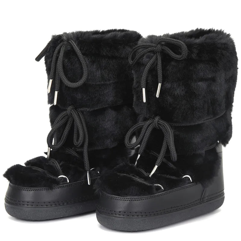 2025 Winter Snow Boots Women Ski Boots Luxury Fluffy Furry Fur Boots Female Rivets Warm Waterproof Platform Black Cotton Boots BLACKBEARD OUTDOOR INDUSTRIES