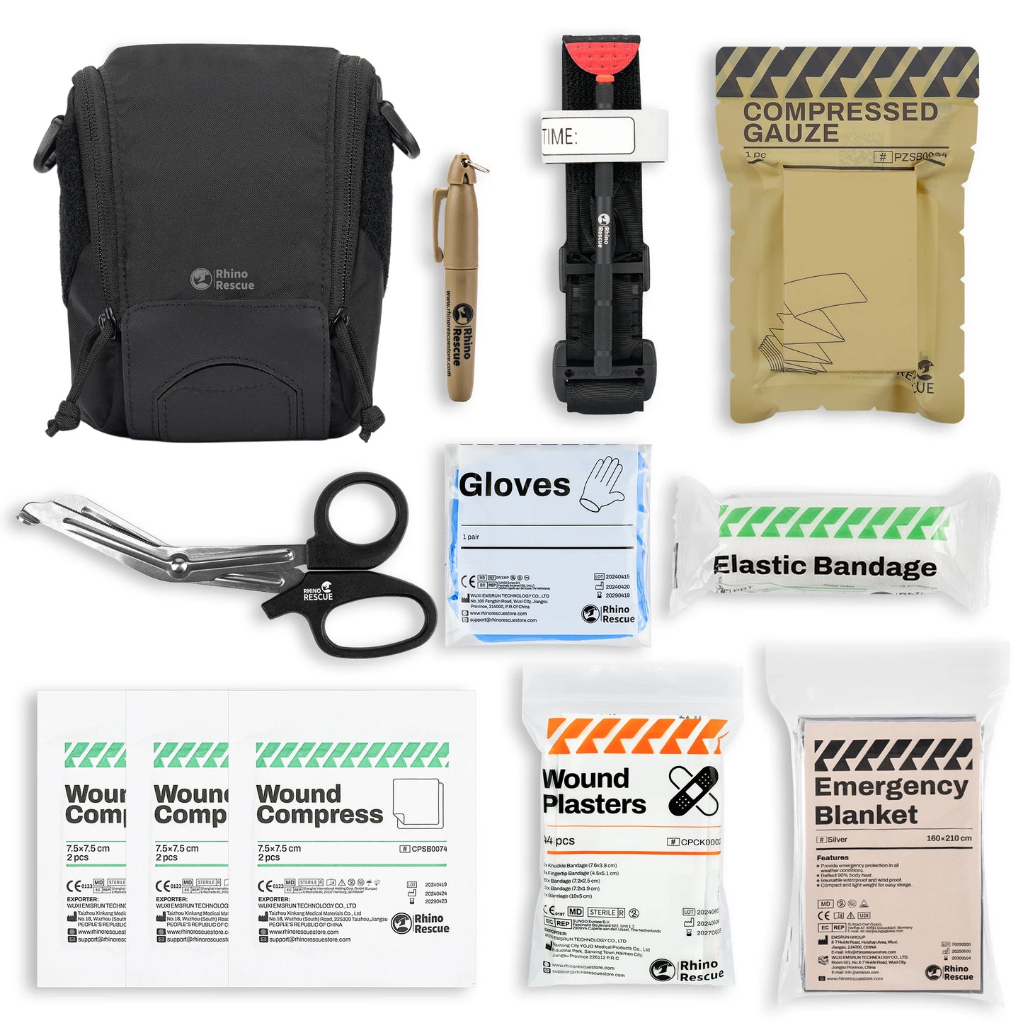 RHINO RESCUE Kit IFAK MOLLE – Garrot, Gaze Compressive, EMS & Survie Tactique