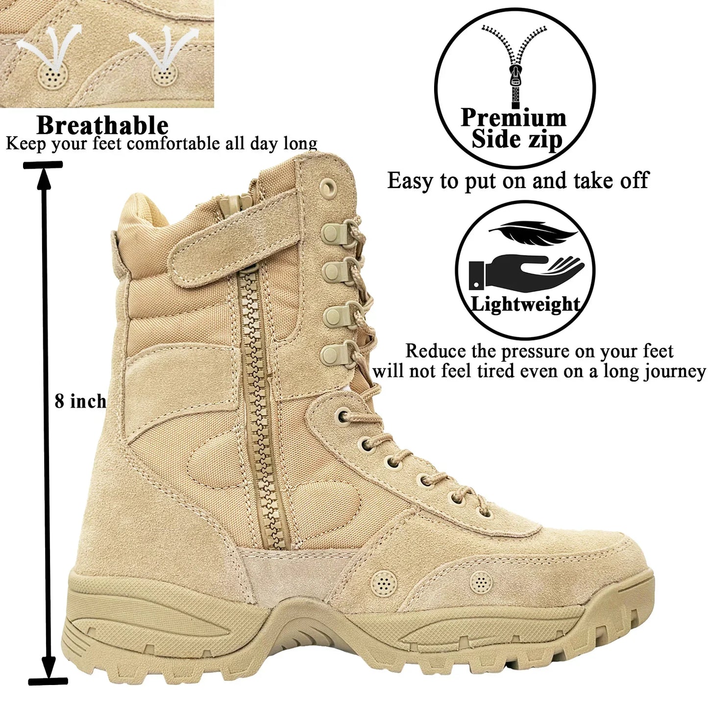 Rangers Tactiques Homme LAHORS – Cuir Véritable, Zip Latéral, Désert Combat, Pointures 39-46