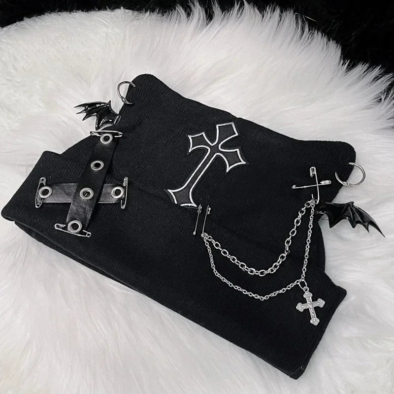 Bonnet noir gothique à oreilles de chat en maille