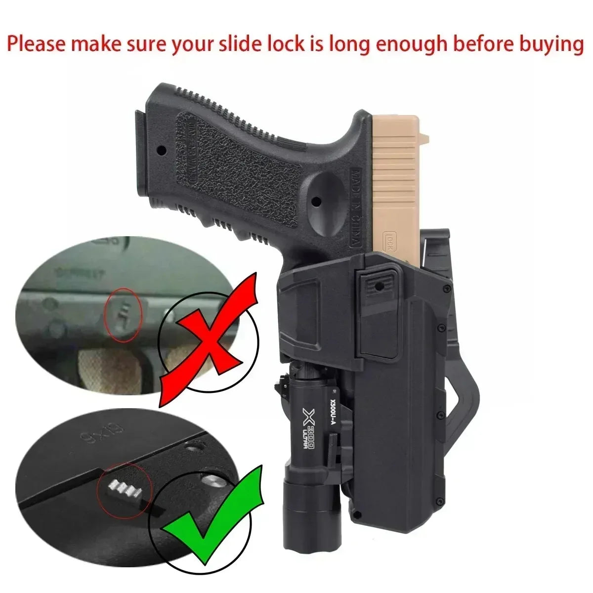 Holster pistolet tactique droitier Glock 17/19, P320 et 1911