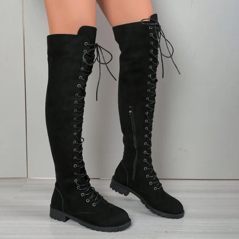 Cuissardes Femmes Bout Rond Lacets – Bottes Longues Cavalières Tendance