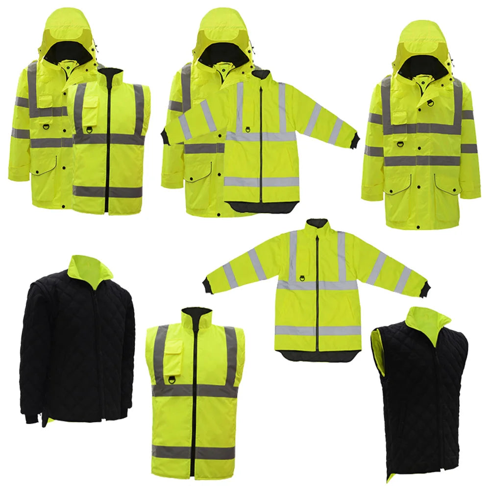 Veste de Sécurité Haute Visibilité EN471 ANSI/SEA 107 7-en-1 - Parka Imperméable et Coupe-Vent, Vêtement de Travail Réfléchissant, Manteau de Pluie Chaud et Résistant - BLACKBEARD OUTDOOR INDUSTRIES