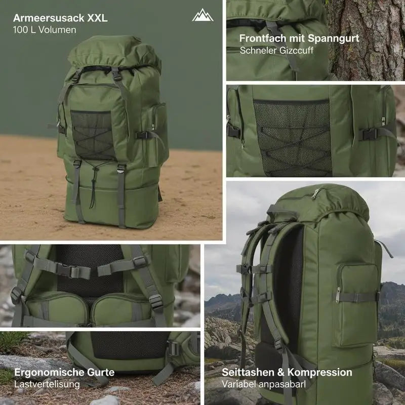 Sac à Dos Militaire Tactique 100L XXL 600D Polyester Imperméable – Extensible 78cm, Rembourré | Randonnée, Camping, Bushcraft | Expédié d'Allemagne