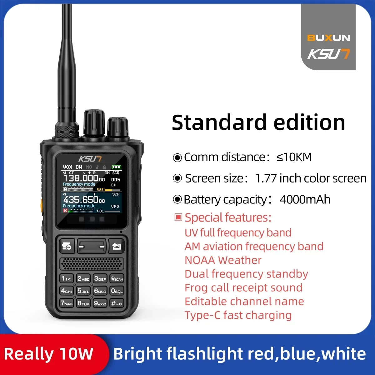 Talkie-Walkie KSUN UV110D – Radio Portable 10W, Batterie 4000 mAh, Écran Couleur, UHF/VHF