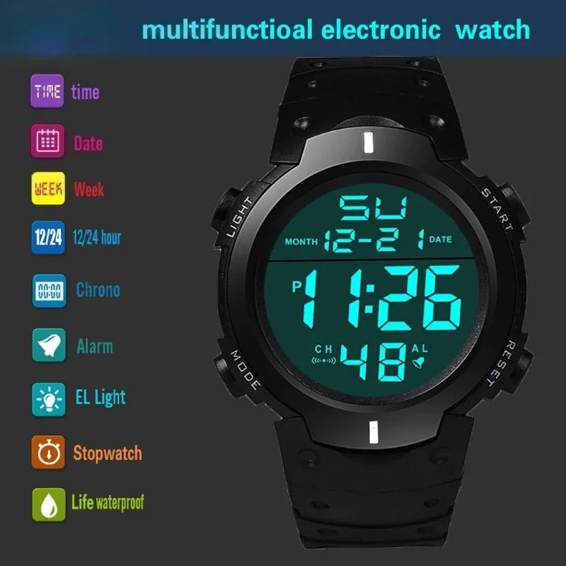 Montre Sport LED Digitale Homme – Multifonction, Résistante à l'Eau 3 Bar, Bracelet Silicone, Alarme & Chronomètre