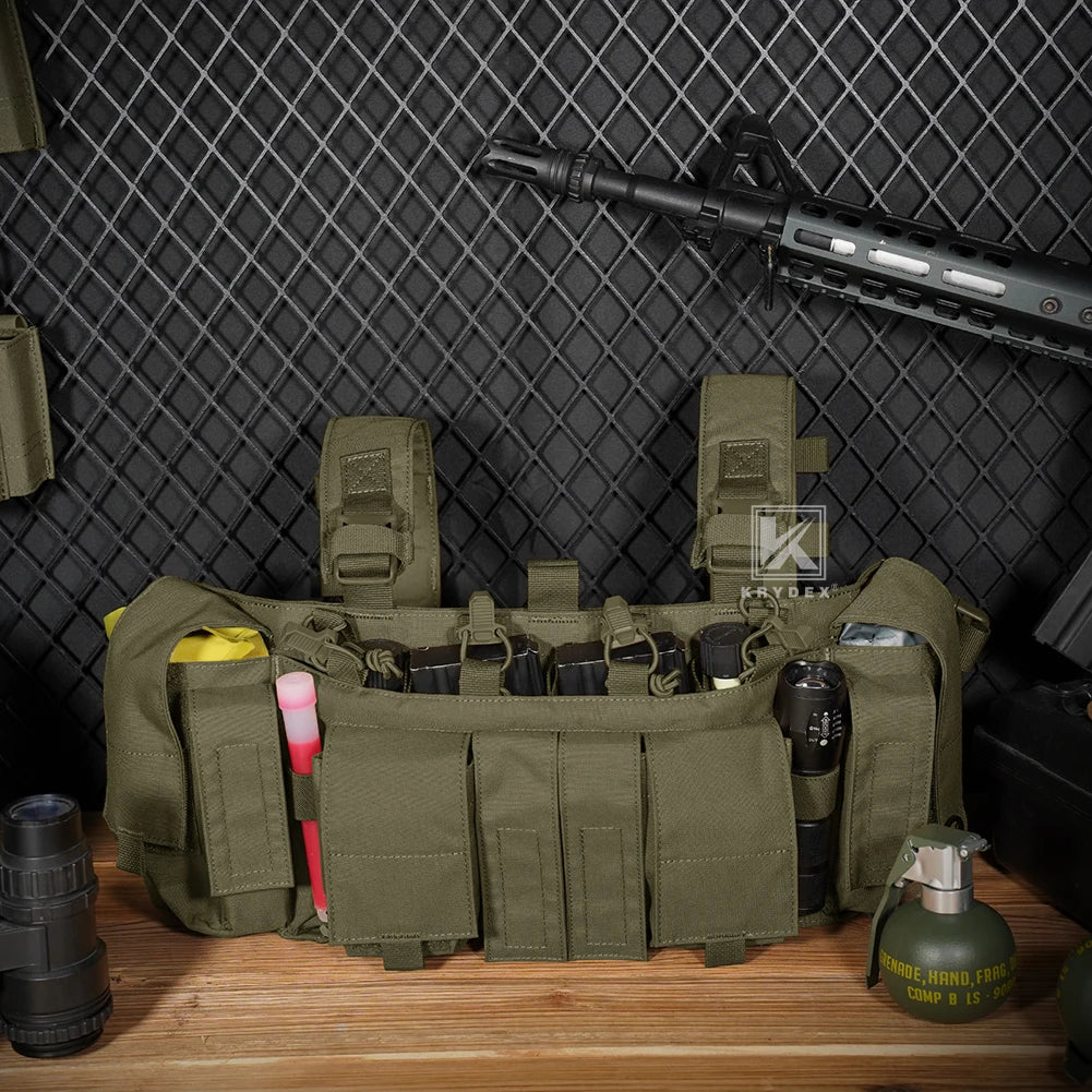 Chest rig tactique léger discret avec harnais en H, porte-chargeurs et poches radio