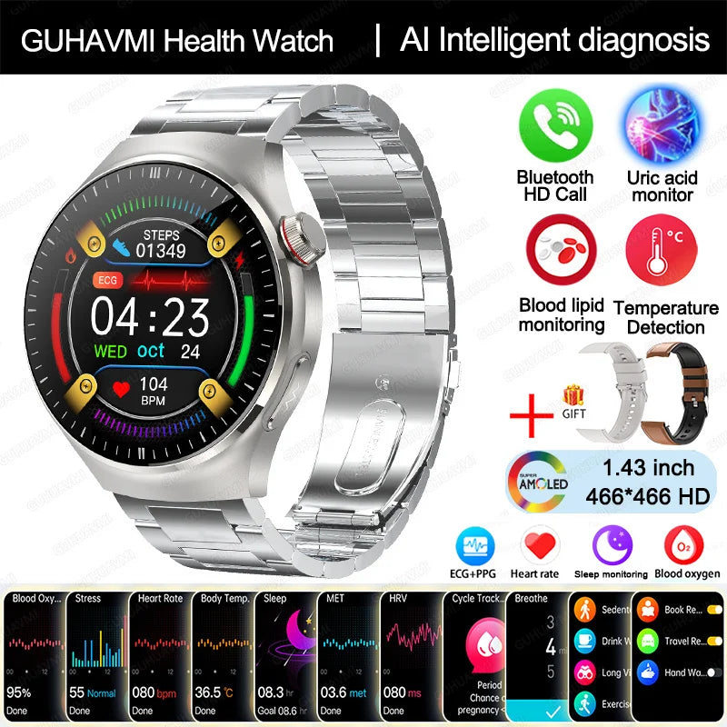 Montre Connectée Médicale GUHUAVMI TK26 – ECG+PPG – Uric Acid, Température, Lipides, Appels Bluetooth – Écran AMOLED 1.43” – Étanche IP68 - BLACKBEARD OUTDOOR INDUSTRIES