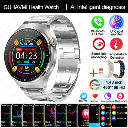 Montre Connectée Médicale GUHUAVMI TK26 – ECG+PPG – Uric Acid, Température, Lipides, Appels Bluetooth – Écran AMOLED 1.43” – Étanche IP68 - BLACKBEARD OUTDOOR INDUSTRIES
