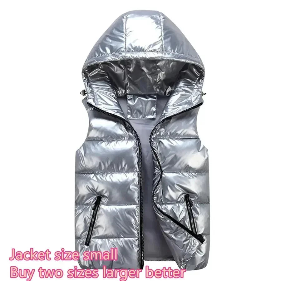 Gilet sans manches matelassé brillant à capuche