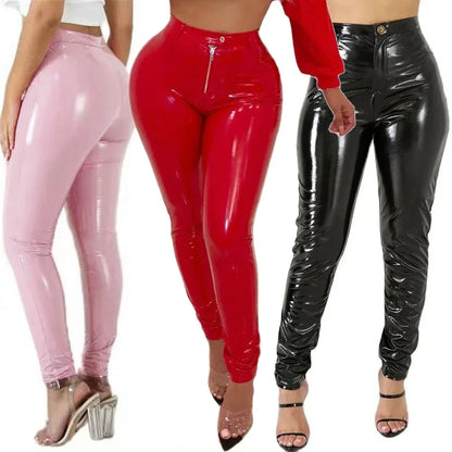 Pantalon vinyle femme taille haute, coupe slim brillante