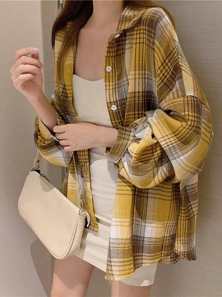 Chemise à Carreaux Femme Manches Longues – Coupe Loose Vintage Preppy Style