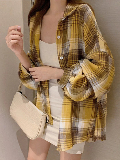 Chemise à Carreaux Femme Manches Longues – Coupe Loose Vintage Preppy Style