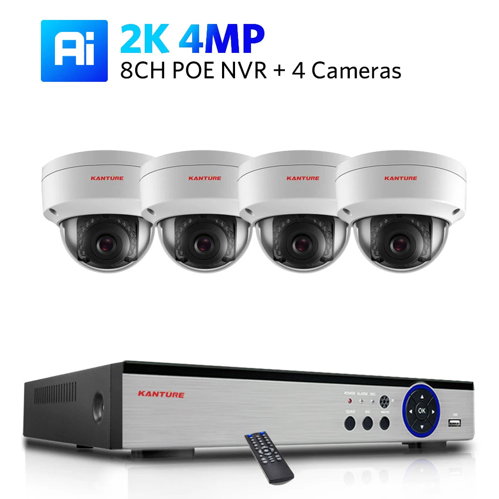 Kit NVR POE 4K/2K 4 ou 8 Canaux + Caméras IP H.265 – Détection IA Visage/Corps/Mouvement, Vision Nocturne IR 20m, IP66, Audio, CE/FCC