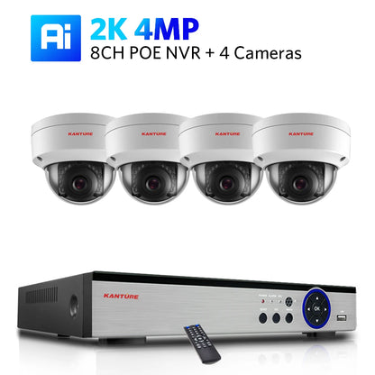Kit NVR POE 4K/2K 4 ou 8 Canaux + Caméras IP H.265 – Détection IA Visage/Corps/Mouvement, Vision Nocturne IR 20m, IP66, Audio, CE/FCC