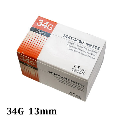 Aiguilles Ultra-fines Indolores 100 pcs – 25G à 34G, 1,5 à 25 mm – Seringue Transparente Embout Capuchon – Beauté & Médical