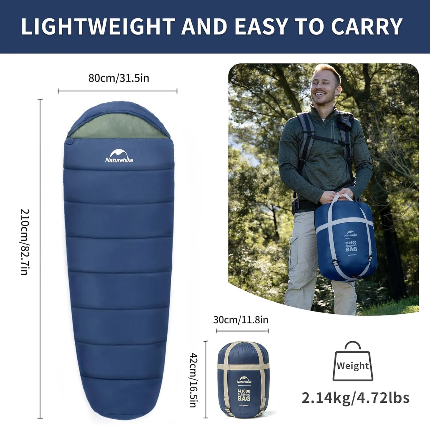 Sac de Couchage Momie Naturehike MJ300/MJ600 – 3 Saisons Camping Hiver Adulte