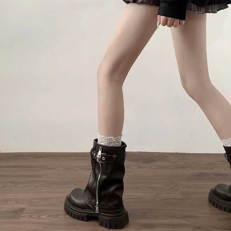Bottes motardes femme mi-mollet à boucle