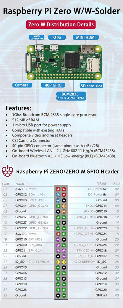 Carte Raspberry Pi Zero Officielle – Zero / Zero W / Zero 2 W / Zero-Solder / Zero W-Solder avec Header Soudé – 512 Mo RAM – Puce Broadcom Ma boutique