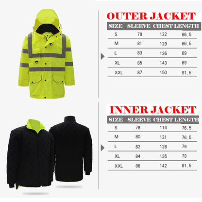 Veste de Sécurité Haute Visibilité EN471 ANSI/SEA 107 7-en-1 - Parka Imperméable et Coupe-Vent, Vêtement de Travail Réfléchissant, Manteau de Pluie Chaud et Résistant - BLACKBEARD OUTDOOR INDUSTRIES