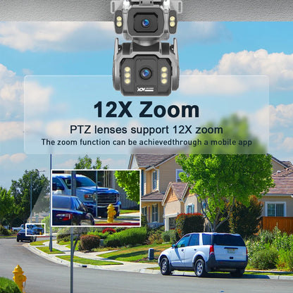 Caméra de surveillance solaire 4G double objectif 10 MP, zoom x12, suivi automatique