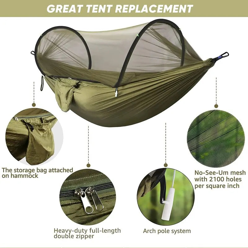 Hamac 3-en-1 Anti-Moustiques Nylon 210T – Ouverture Automatique, Camping Outdoor