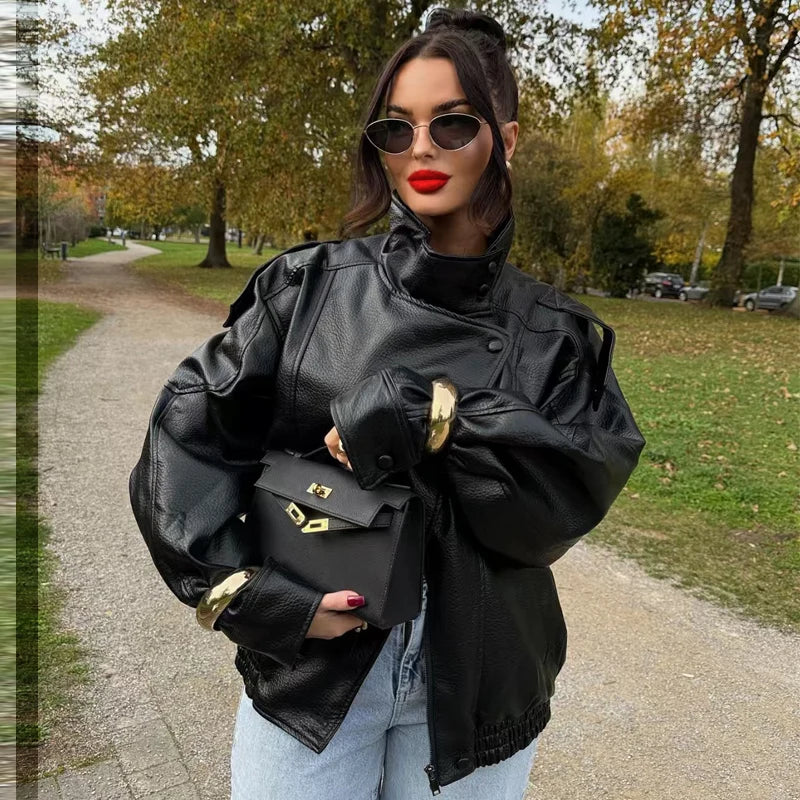 Veste Bomber Femme Similicuir – Coupe Courte Oversize, Col Montant, Fermeture Éclair | High Street Toutes Saisons | XS à L | 3 Coloris - BLACKBEARD OUTDOOR INDUSTRIES