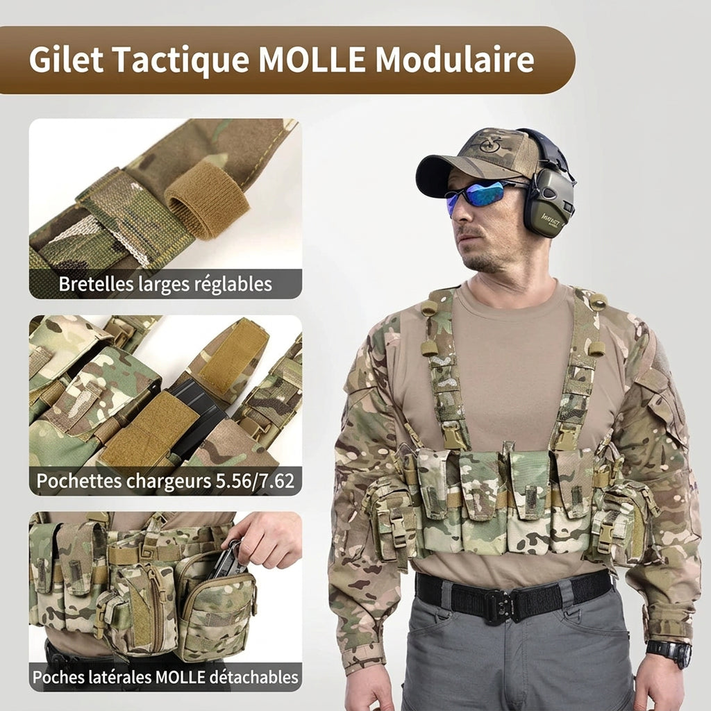 Chest rig tactique léger 500D avec harnais H et 4 poches chargeur