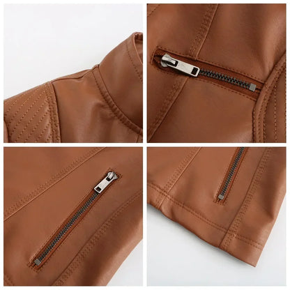 Veste Simili Cuir Moto Femme – 6 Coloris, Col Montant Zip, Printemps Automne