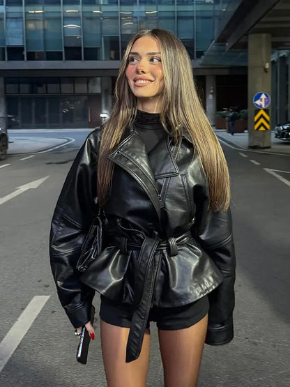 Veste en cuir femme courte avec ceinture, simili cuir