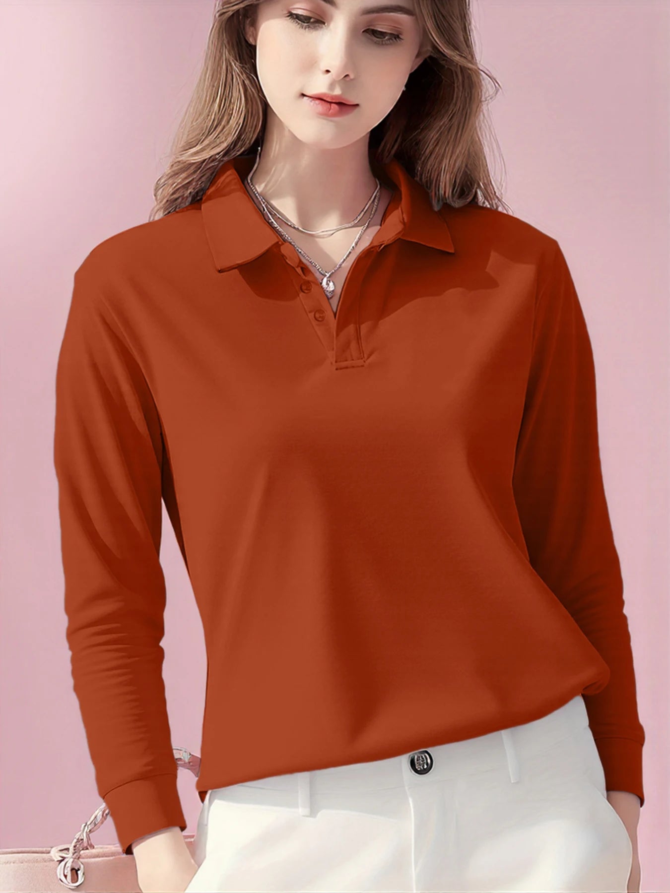 Polo Femme Manches Longues – Coupe Loose Casual, Matière Polyester Anti-Boulochage, Disponible en 5 Coloris