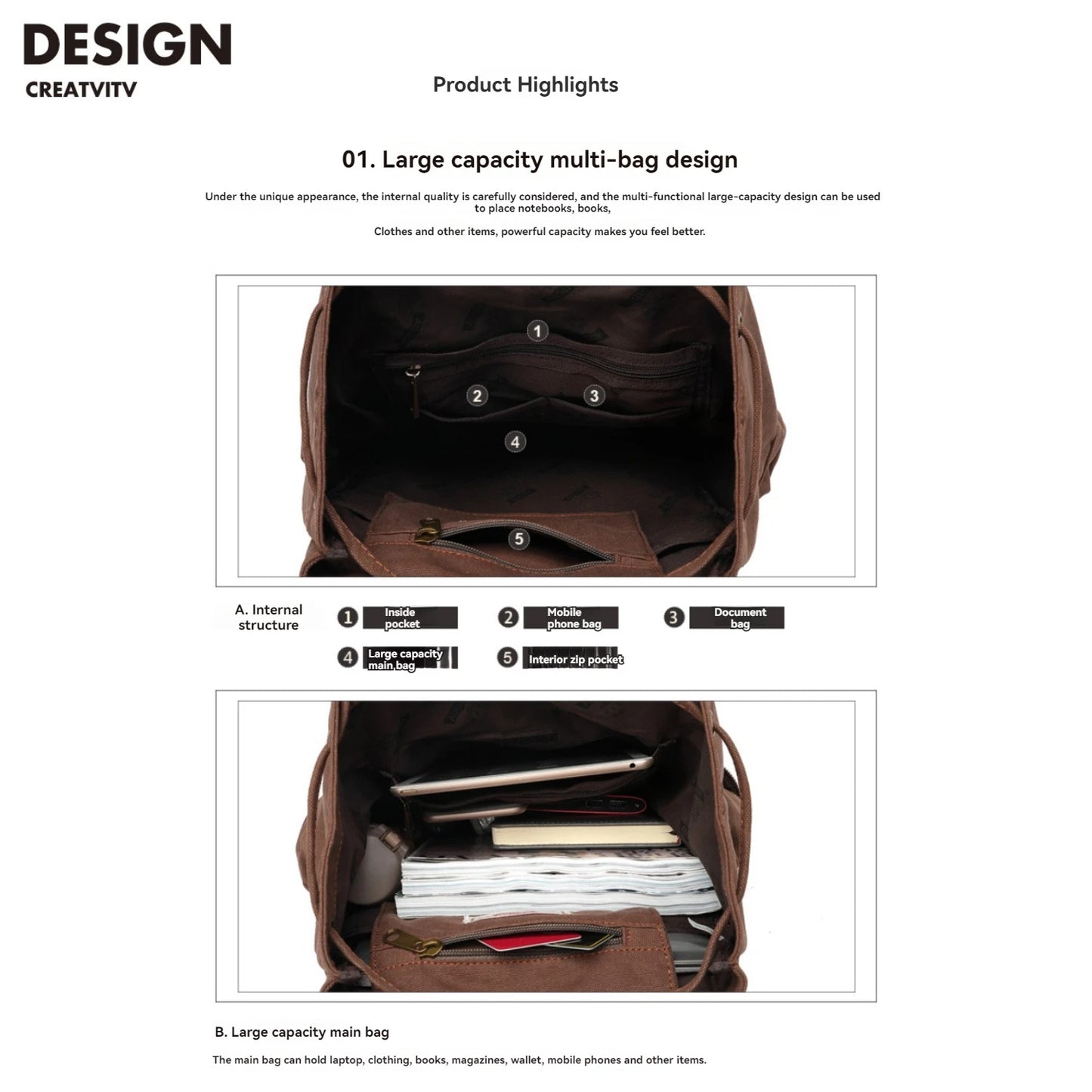 Sac à Dos Toile & Cuir Véritable Homme – Style Rétro Vintage, Compatible Laptop 14"