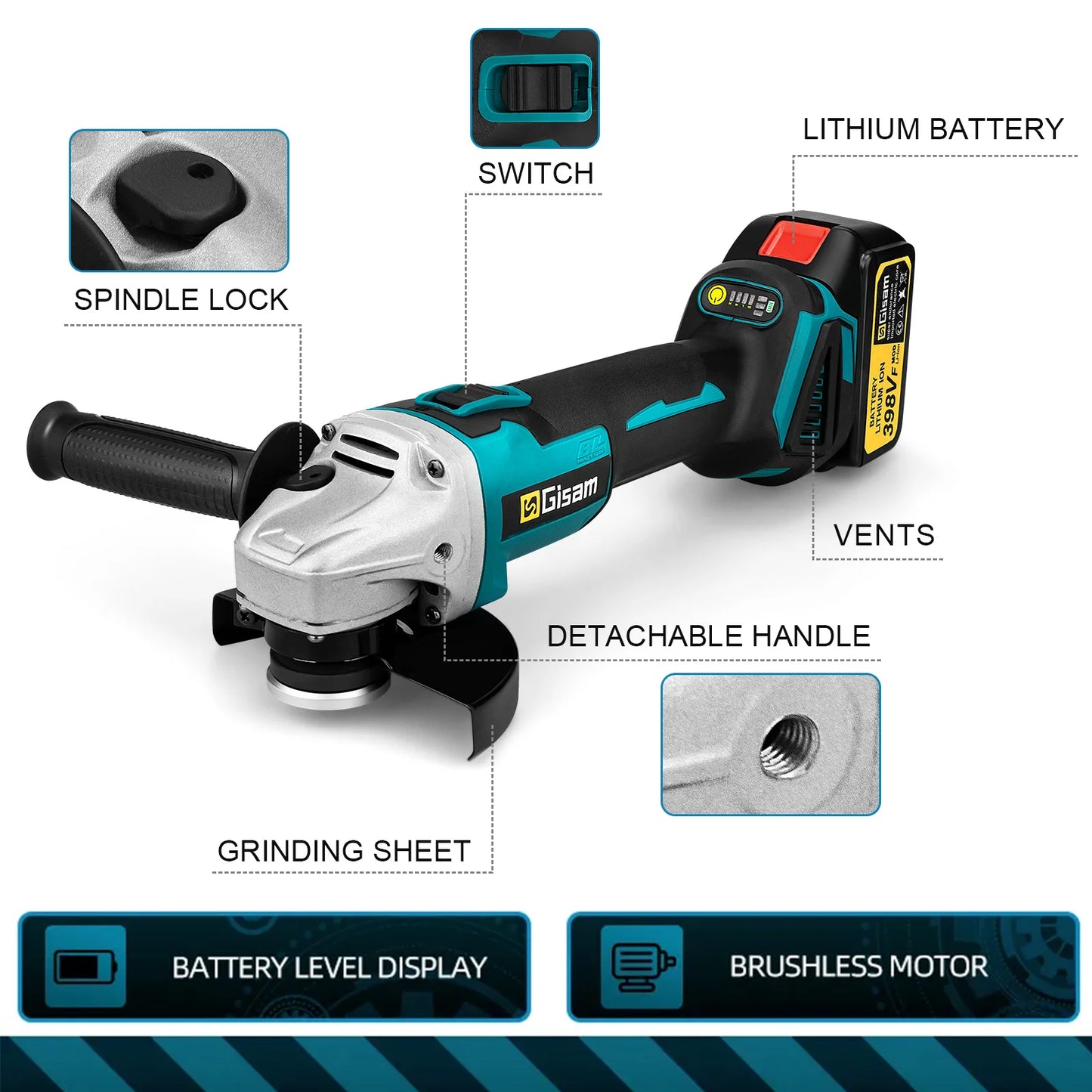 Meuleuse d’Angle Électrique Brushless 125 mm Gisam – Vitesse Variable – Compatible Batterie Makita 18V - BLACKBEARD OUTDOOR INDUSTRIES
