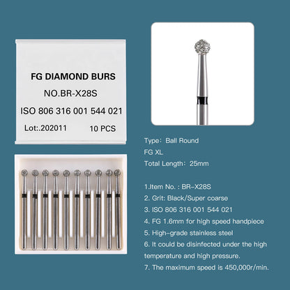 AZDENT 10 pcs Fraises Diamantées Dentaires – Type Boule FG 1,6 mm, 25 mm pour Turbine Haute Vitesse Ma boutique