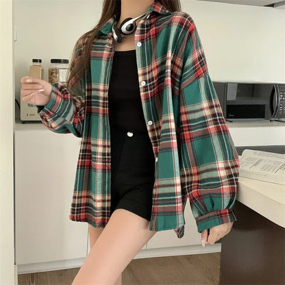 Chemise à Carreaux Femme Manches Longues – Coupe Loose Vintage Preppy Style
