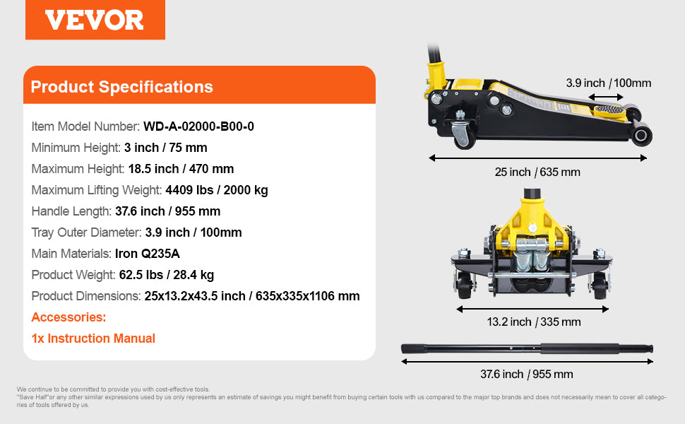 Cric Hydraulique Bas Profil 2 Tonnes VEVOR – Double Pompe à Piston | Lève-Véhicule Haute Performance - BLACKBEARD OUTDOOR INDUSTRIES