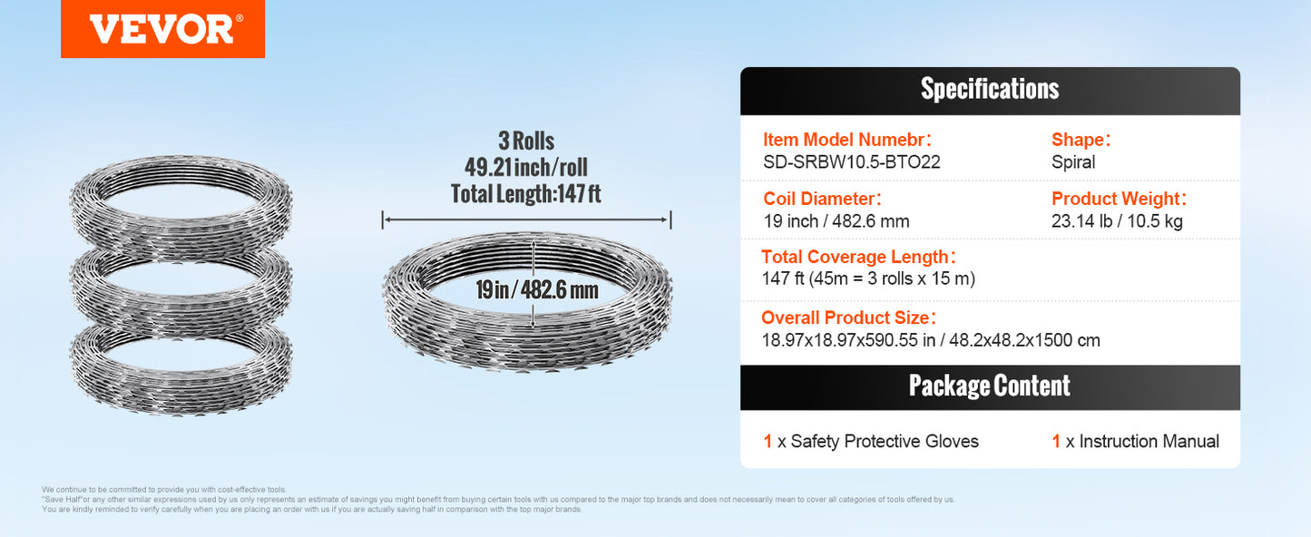 VEVOR Razor Wire – Rouleaux de Fil Barbelé Lames Doubles Spirales Galvanisé pour Clôture et Sécurité Extérieure - BLACKBEARD OUTDOOR INDUSTRIES